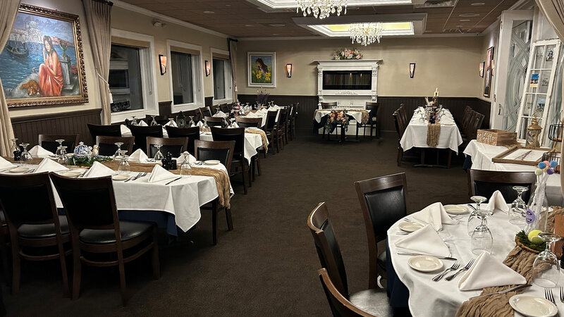 Banquet room with many set tables